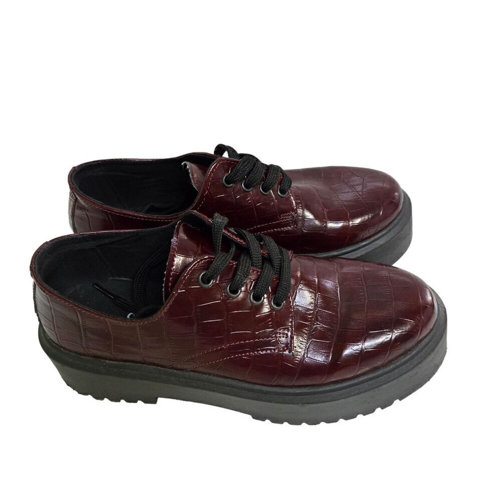 Asos Burgundy Chunky Lace Up Croc Embossed Oxford Dark Academia Shoes Size 7